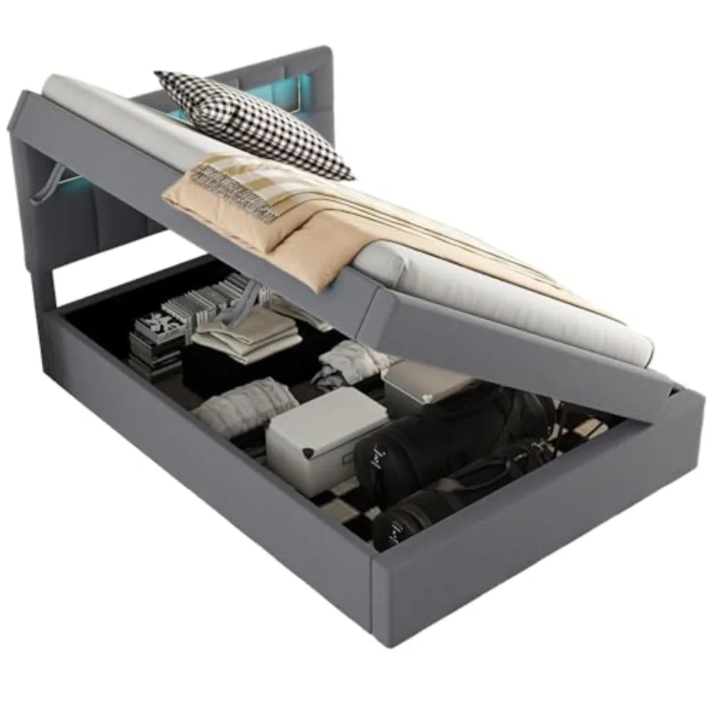 Cama Tapizada 90x200 cm con Luz LED, Almacenaje y Elevación - Gris Terciopelo, Resistente y Estable