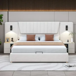 Moimhear Cama Tapizada 180x200 cm con Respaldo Extralargo, Lámparas USB, Almacenamiento Hidráulico y Terciopelo - Doble