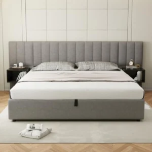Moimhear Cama Tapizada 180x200 cm con Mesitas de Noche y Almacenamiento - Somier de Madera, Diseño Elegante y Sistema Hidráulico
