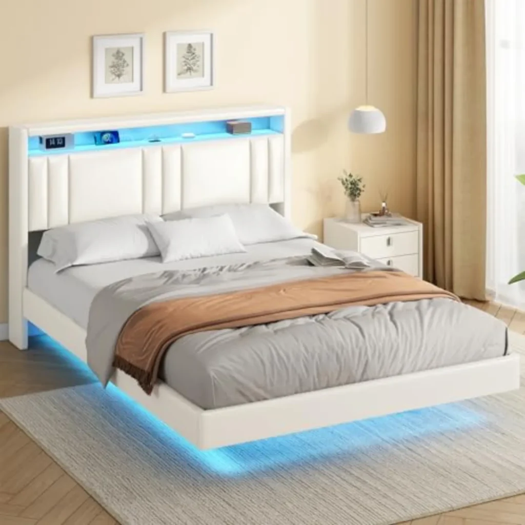 KIMENICH Cama Flotante 140x200 cm con Luz LED, USB y Almacenaje - Tapizada Multifunción para Dormitorio, Blanco