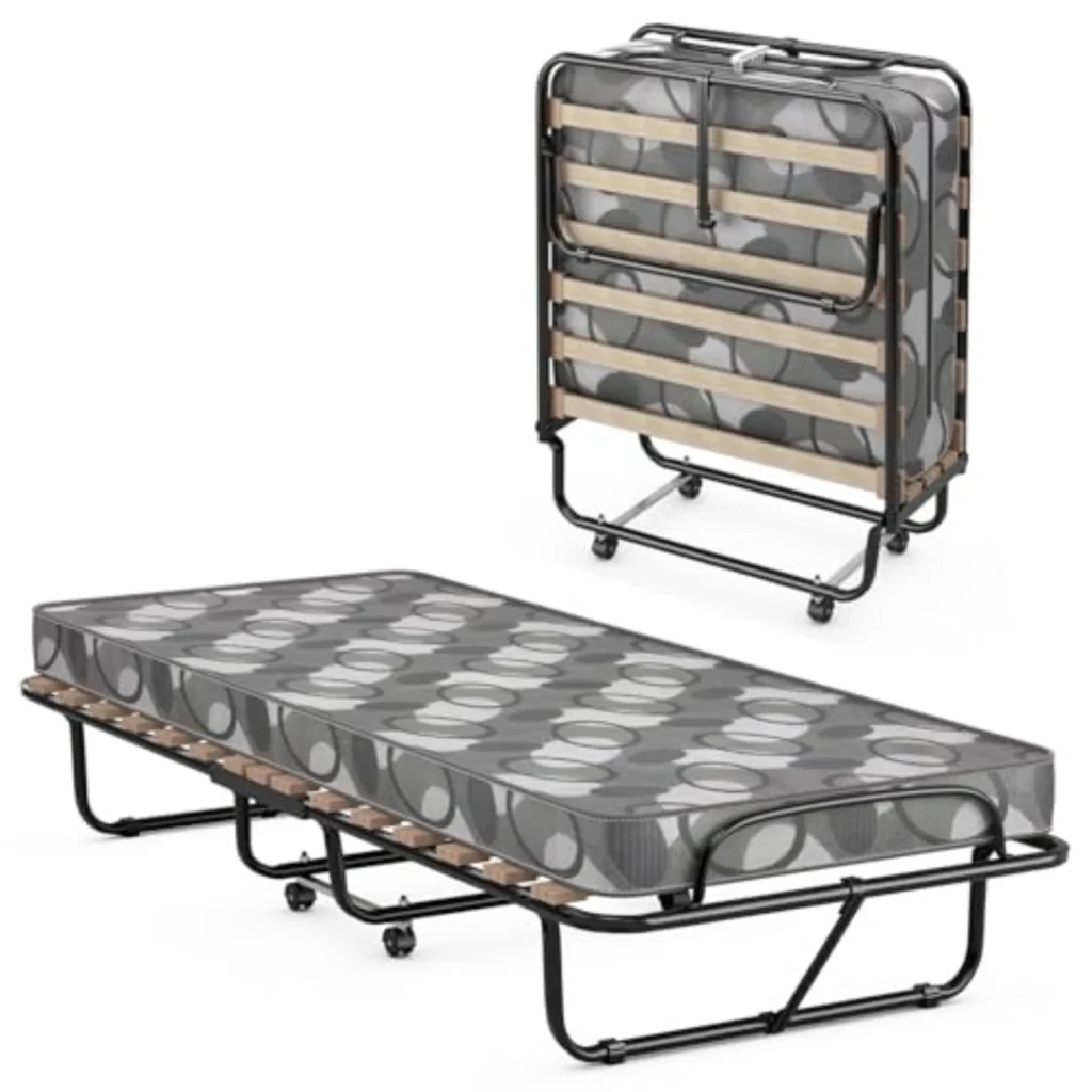 Cama Plegable con Colchón Memory Foam 80x190cm - Cama Supletoria con Ruedas, Estructura Acero y Soporte 130kg, Gris | COSTWAY