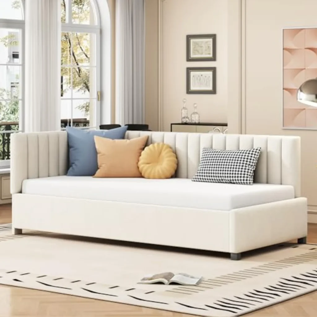 Sofá Cama Individual 90x200 cm - Tapizado en Terciopelo, Estructura de Madera, Multifuncional para Salón o Dormitorio, Beige/Gris/Rosa