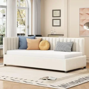 Sofá Cama Individual 90x200 cm - Tapizado en Terciopelo, Estructura de Madera, Multifuncional para Salón o Dormitorio, Beige/Gris/Rosa