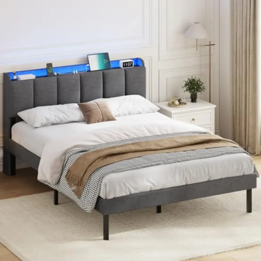 Cama Tapizada 140x190 cm con LED RGB, USB y Almacenamiento – Cabecero Acolchado, Somier de Láminas y Diseño Silencioso, Gris Oscuro