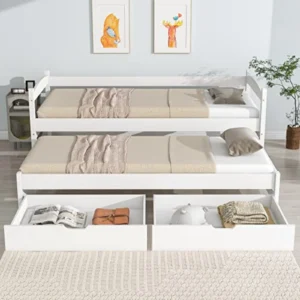 Cama Deslizante Moimhear 2 en 1 con Cajones - Individual/Doble, Madera Maciza, 90x200/190 cm, Blanco - Multifuncional y Ahorra Espacio