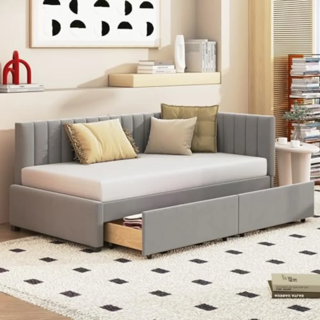 Sofá Cama Individual 90x200 cm con 2 Cajones - Tapizado Terciopelo Gris, Beige o Rosa - Estructura Robusta y Multifuncional para Dormitorio o Salón