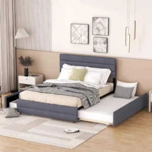 Cama Nido Tapizada 140x200 cm con Cajones, Cabecero Ajustable y Somier - Lino Gris, Estructura MDF y Metal, Sin Colchón - NQSLDM
