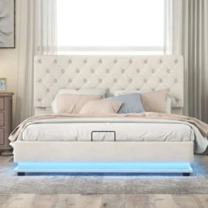 Cama Matrimonio con Almacenamiento Hidráulico y Luces LED - Cabecero Ajustable, 140x200 cm, Beige - Moimhear