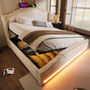 Cama Doble 160x200 cm con LED, USB y Almacenamiento Hidráulico - Cabecero Tapizado en Terciopelo, Estructura de Madera y Metal, Beige, Sin Colchón