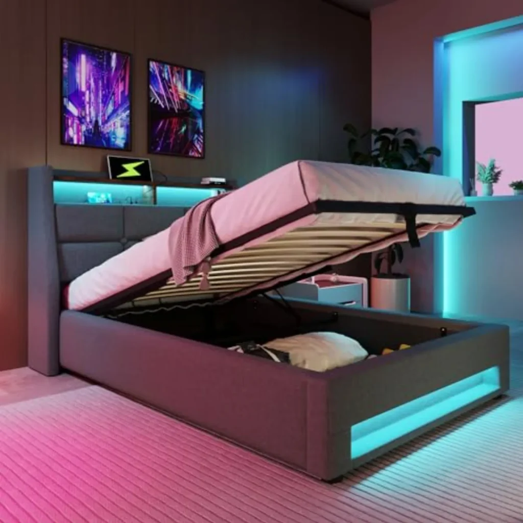 Cama 90x200 con Almacenaje Hidráulico y LED USB - Cama Juvenil Individual Tapizada en Gris, Sin Colchón