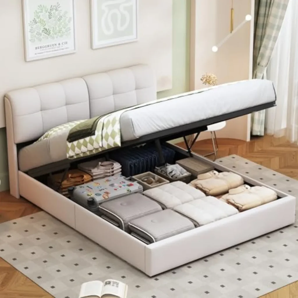 Cama 140x200 con LED y Almacenamiento - Cabecero Acolchado de Terciopelo, Estructura Robusta, Moderna y Elegante, Sin Colchón, Beige