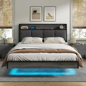 Cama Flotante 140x190 cm con Luz LED, USB y Almacenamiento - Marco Metal Gris Lino, Moderna y Funcional