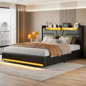 Cama doble otomana 140x200 cm con almacenamiento hidráulico, luz LED, cabecero con carga USB y estructura metálica resistente - Negro