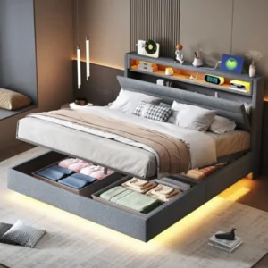 Cama Tapizada 140x200cm con Almacenamiento Hidráulico, USB, Luces LED RGB y Cabecero Reversible - Lino Gris, Estructura Estable
