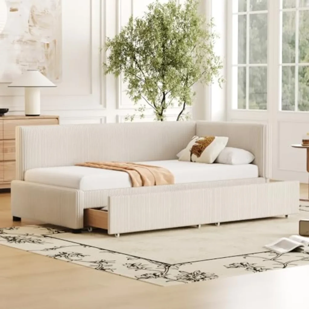 Sofá Cama Individual 90x200cm con 2 Cajones - Tapizado Terciopelo, Estructura Madera, Multifuncional para Dormitorio o Salón, Beige/Gris/Rosa