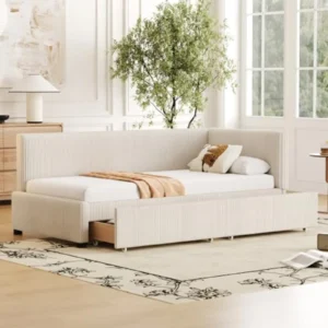 Sofá Cama Individual 90x200cm con 2 Cajones - Tapizado Terciopelo, Estructura Madera, Multifuncional para Dormitorio o Salón, Beige/Gris/Rosa