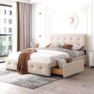 Cama Tapizada 140x200 cm con 4 Cajones, Respaldo y Base Incluida - Tela Franela Beige, Fácil Montaje y Almacenaje