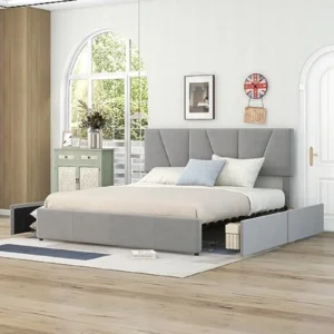 Moimhear Cama Tapizada 160x200 cm con Cajones, Cabecero Ajustable y Plataforma - Gris, Diseño Cómodo y Fácil Montaje