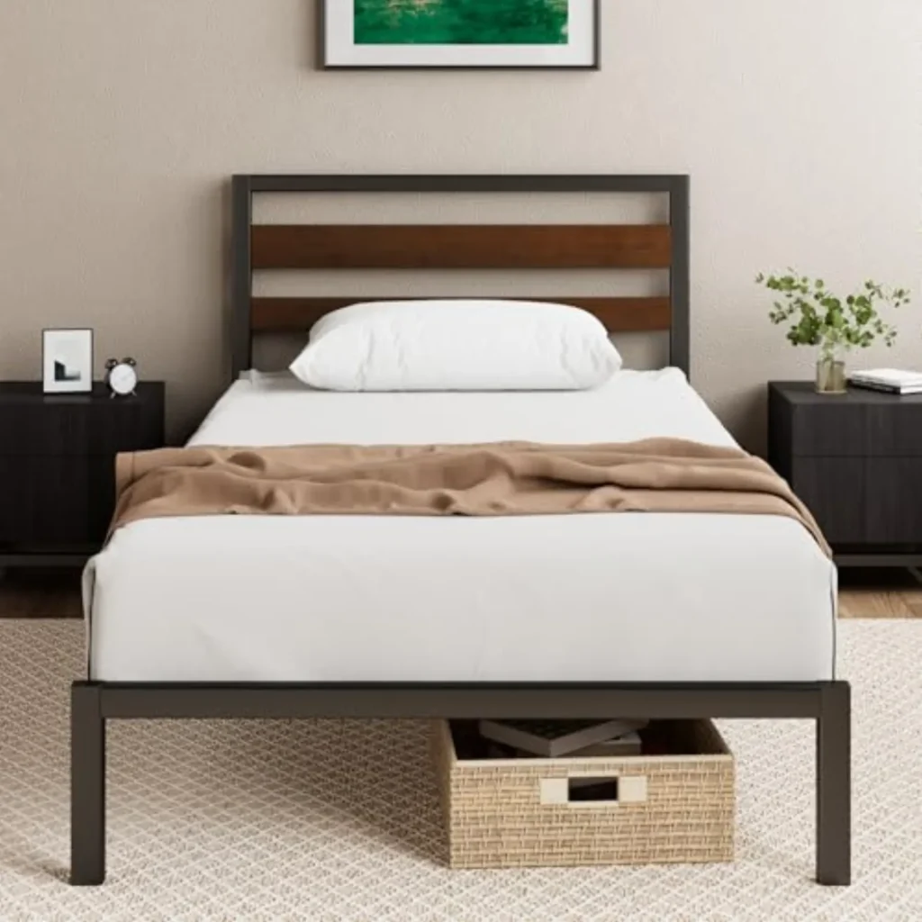 Somier Kai de Bambú Sostenible 90x190 cm con Cabecero - Cama Metal sin Necesidad de Somier, Fácil Montaje - Negro/Marrón