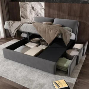 Moimhear Cama Nido 160x200 cm con Almacenamiento Hidráulico, 3 Cajones, Cabecero Ajustable y Somier de Láminas - Terciopelo Gris