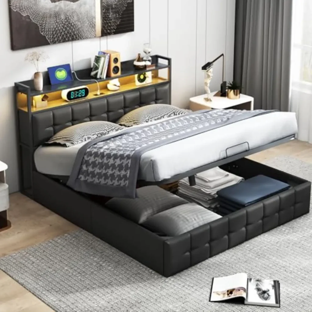 Cama tapizada 160x200 cm con almacenamiento, cabecero LED y carga USB, somier de madera y diseño moderno vintage