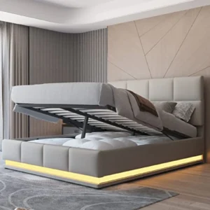 Moimhear Cama Doble LED 140x200 cm con Cajón, Somier de Madera/Metal, Cabecero Acolchado y Mando a Distancia - Gris, 350 kg