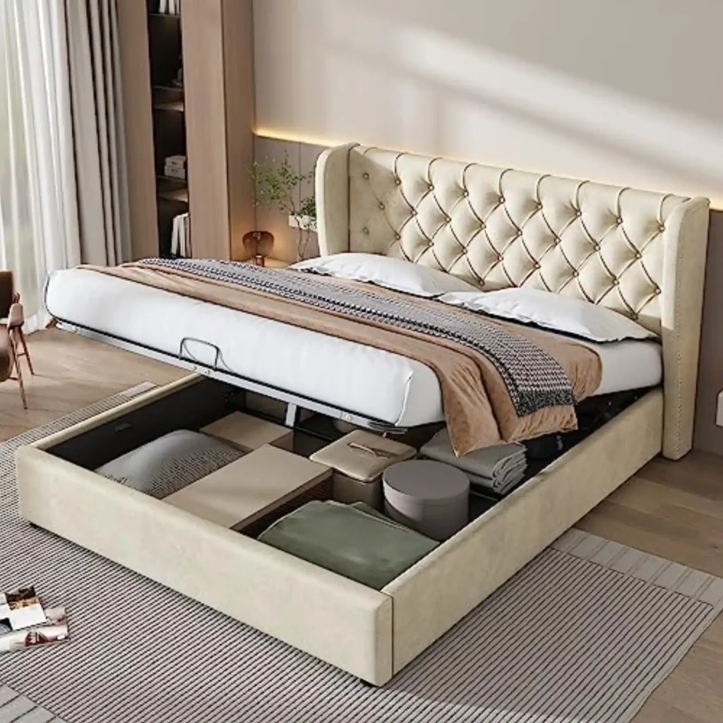 Cama Tapizada 180x200 cm con Cabecero Remachado y Almacenamiento, Estructura de Madera, Somier Metálico en Terciopelo Beige - Sin Colchón
