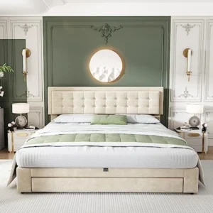 Cama Tapizada Moimhear 180x200 cm con Cajones - Terciopelo Elegante, Cabecero Ajustable y Almacenamiento Hidráulico, Beige