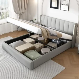 Cama Tapizada 180x200 cm con Cabecero LED, USB y Ajuste Inclinable - Somier Metálico, Almacenamiento Hidráulico y PU Impermeable