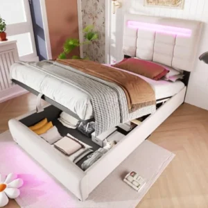 Cama Individual Tapizada con Almacenamiento, LED y USB - Lino Gris Claro 90x200 cm - Azkoeesy