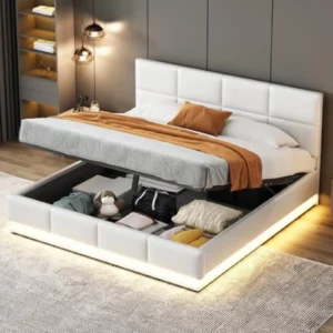Moimhear Cama Doble LED 160x200 cm - Somier de Madera y Metal, Cabecero Acolchado, Cajón Hidráulico y Luces RGB con Mando (Blanco)