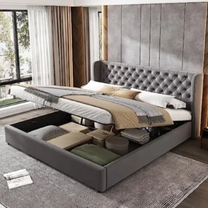 Cama Tapizada 180x200 cm con Cabecero Remachado y Almacenamiento Hidráulico - Estructura de Madera, Terciopelo Gris, Sin Colchón